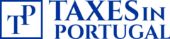 Taxes in Portugal logo - TP in a square tile beside TAXES IN PORTUGAL, in a Roman-style font (blue)